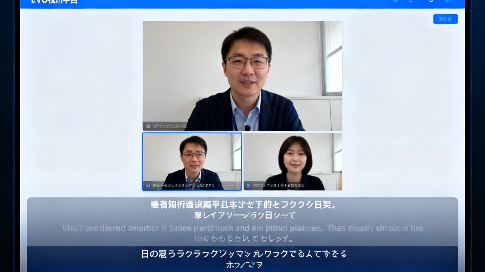 EVO视讯平台V8.2版本新上线的AI实时翻译功能界面，会议中同时显示中英日三语字幕，翻译结果高亮显示在屏幕底部