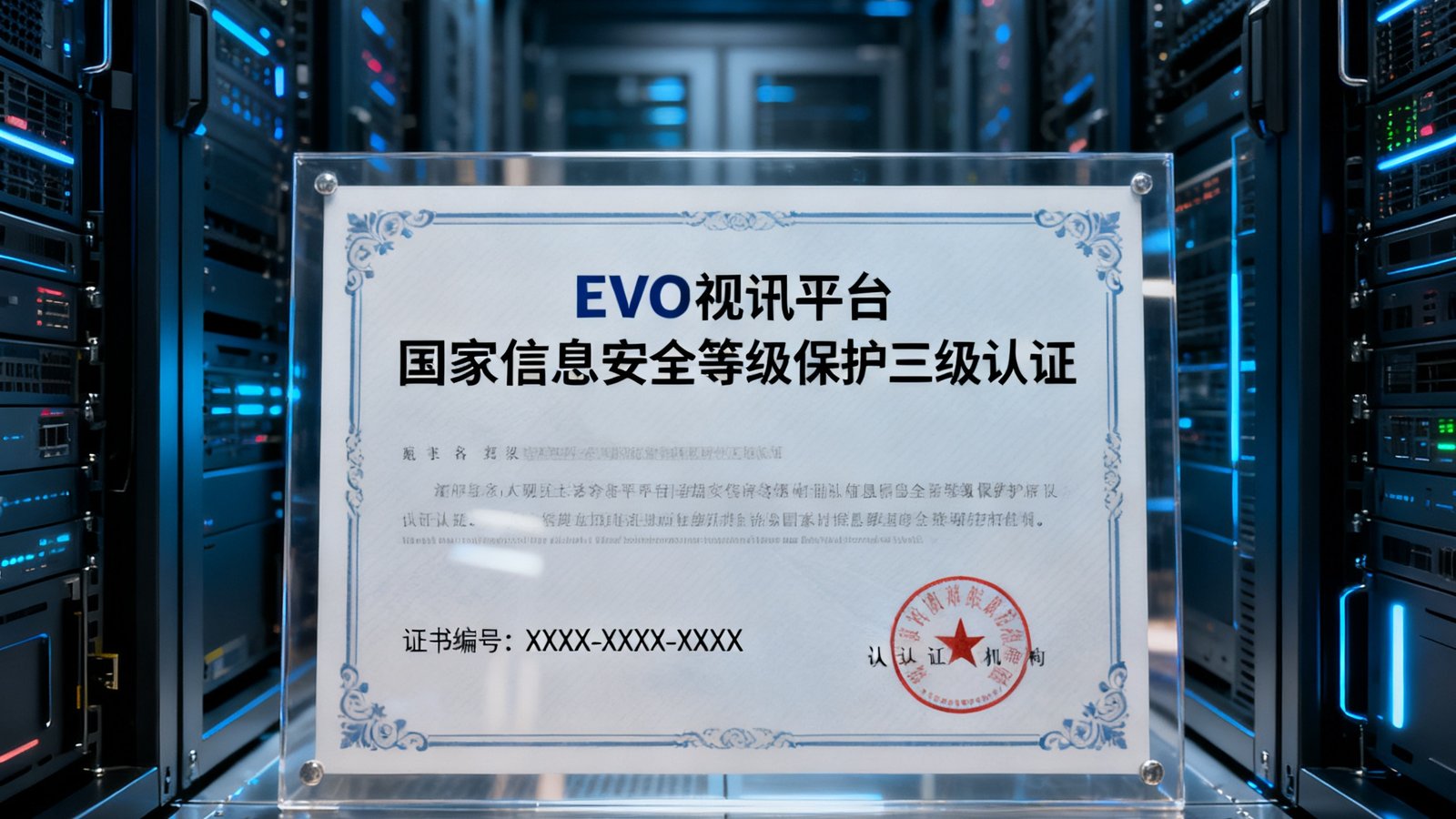EVO视讯平台获得国家信息安全等级保护三级认证的证书展示，背景为数据中心服务器机房的冷通道场景
