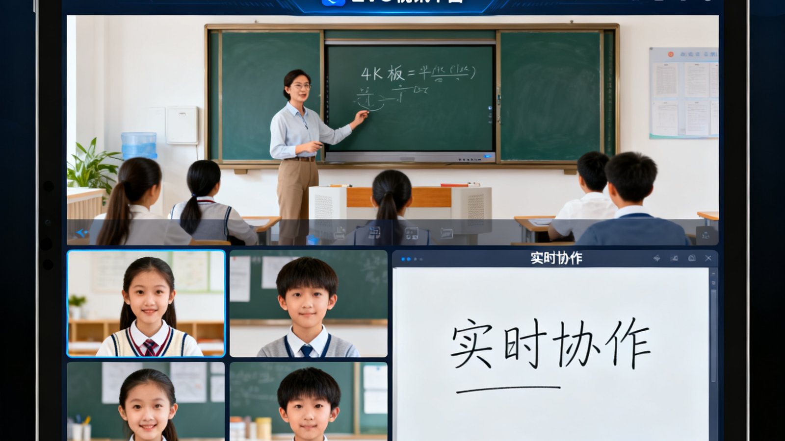 在线教育平台的小班课界面，教师通过EVO视讯平台进行4K板书演示，6名学生头像分屏显示，右侧为实时白板协作区域